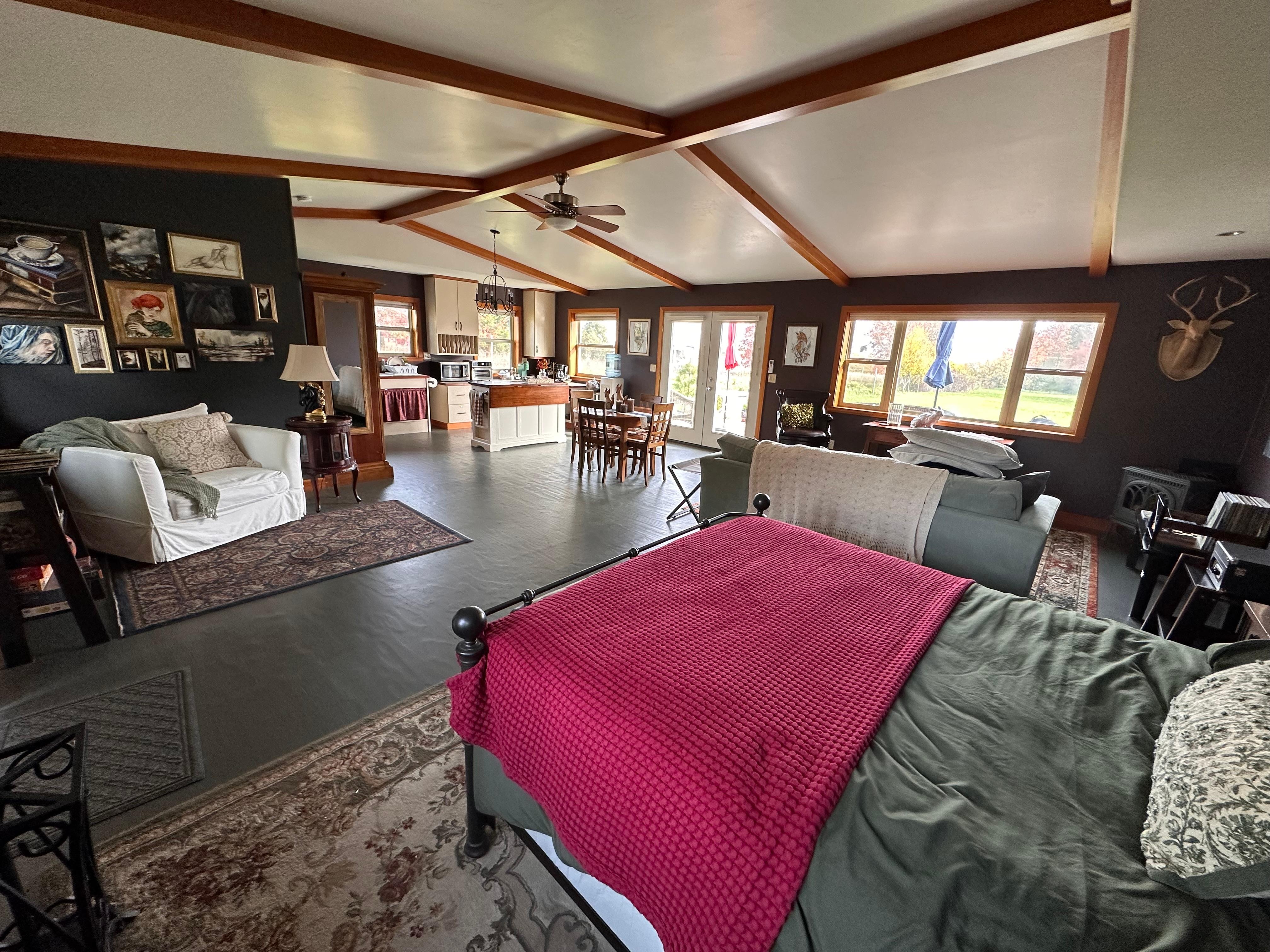 View of the whole space except the bathroom. 