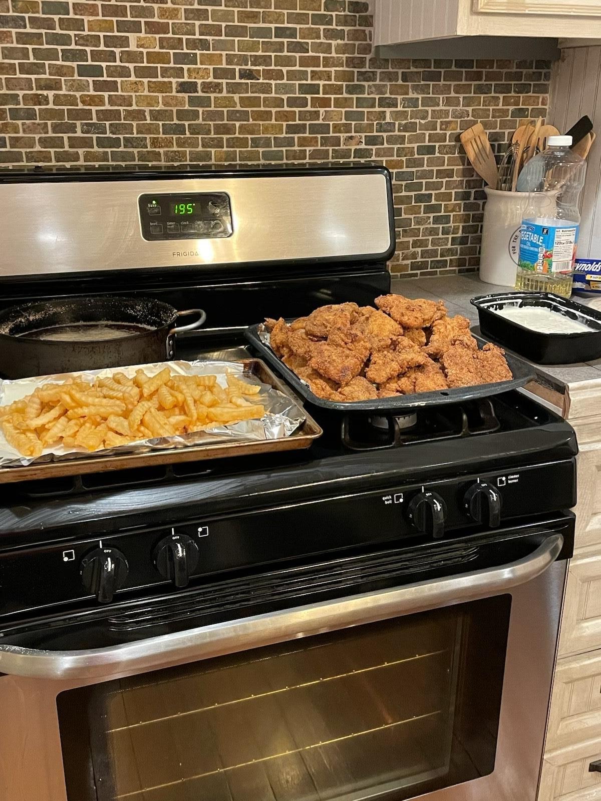 Fresh fried shrimp and redfish from Corpus was one evening meal