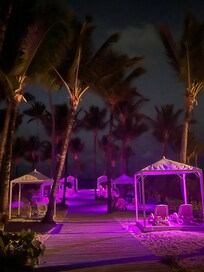 Beach cabanas just before sunrise.