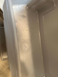 Refrigerator not clean.  Food crumbs