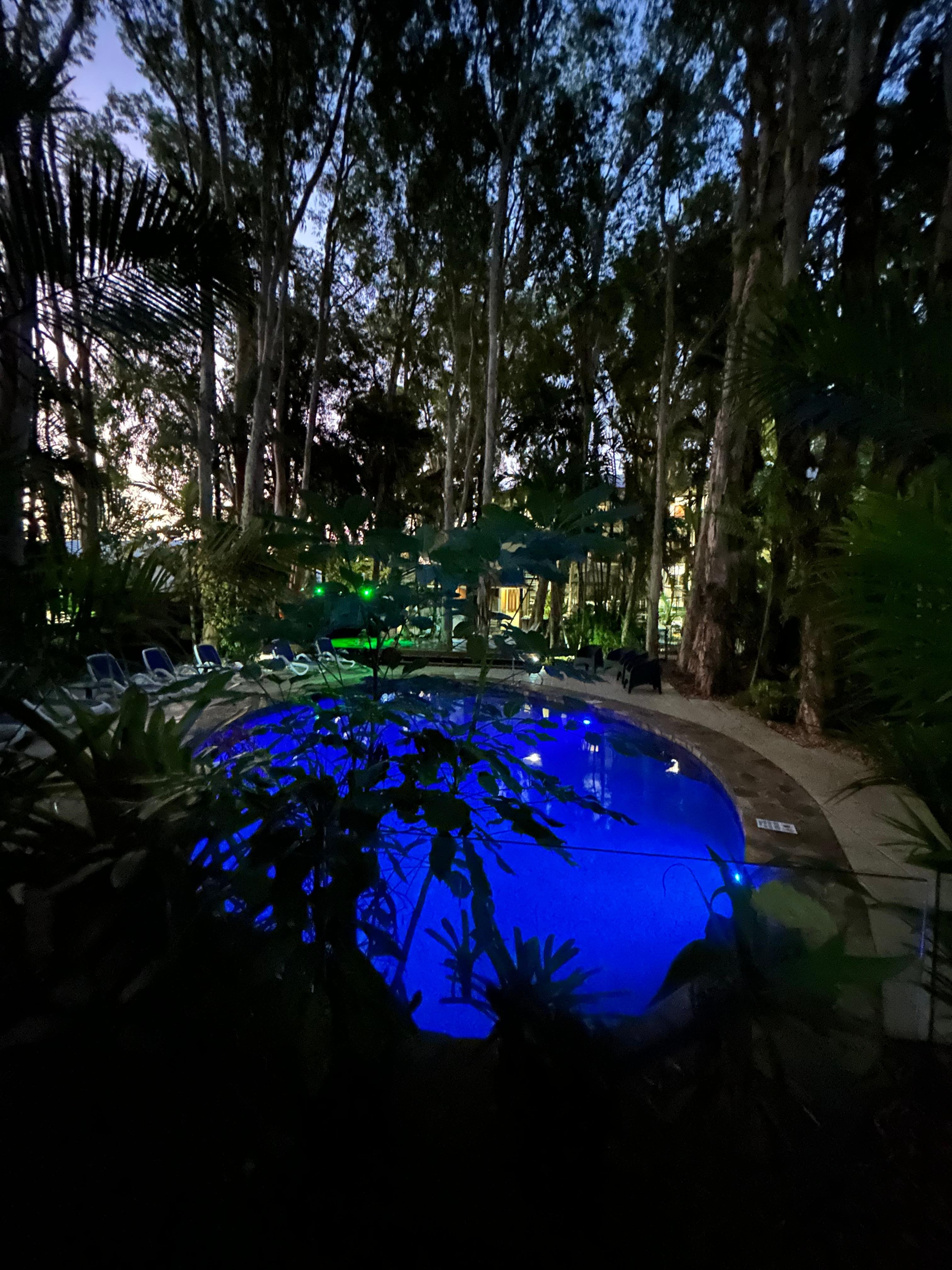 The pool area at night.