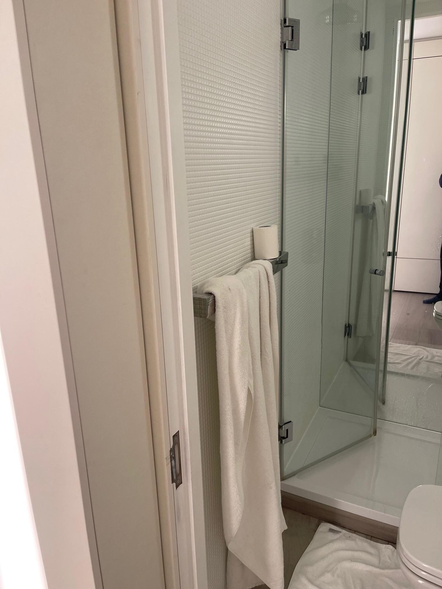No place to hang the toilet paper. Super tiny bathroom.