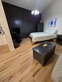 Living area eith bed and tv.