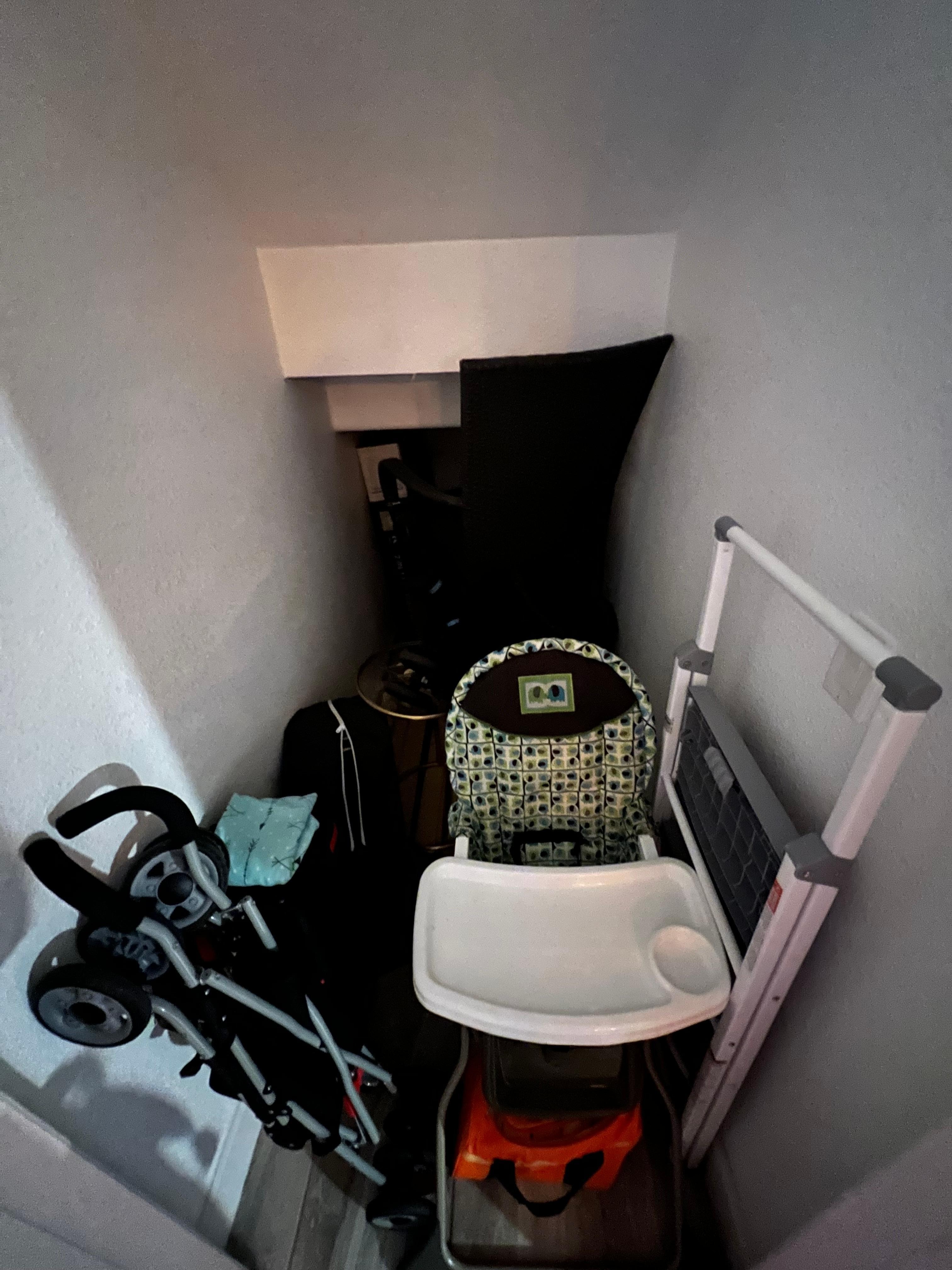 Closet full of items for your littles- high chair, pack&play, small stroller. There is even a step-stool for use