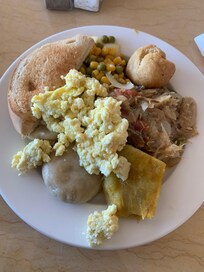 Barely got enough eggs, but they stuff my plate with starches and carbs....