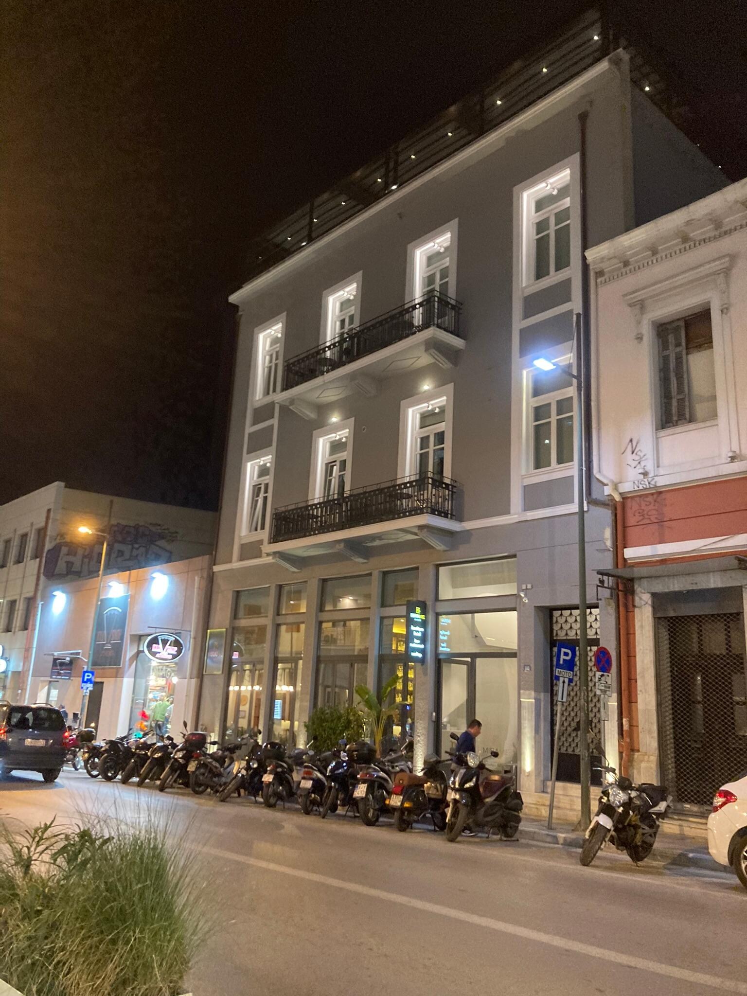 Hotel at night - loved the balcony & roof top bar