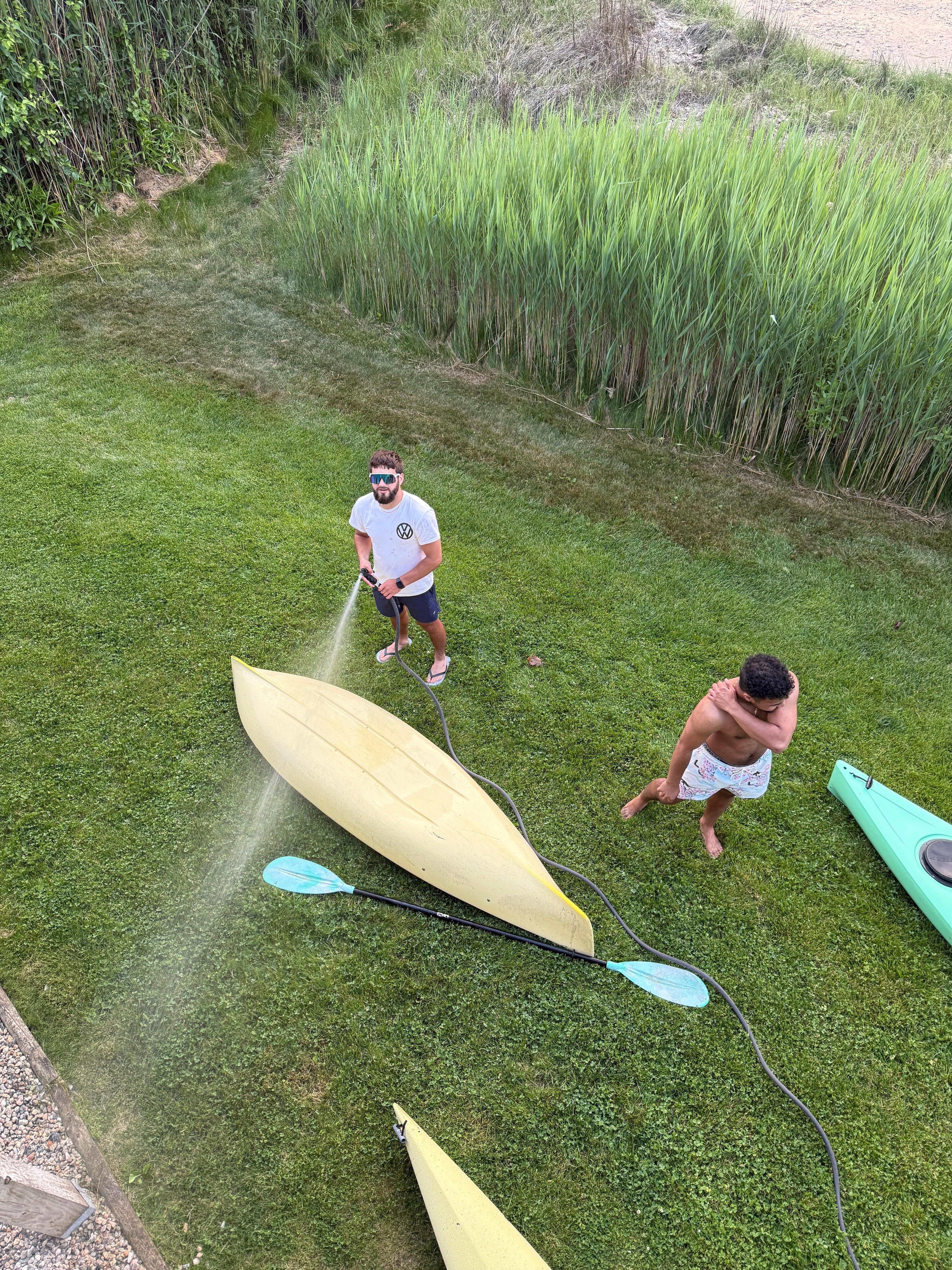 Outside hoses and showers made clean up a breeze. 