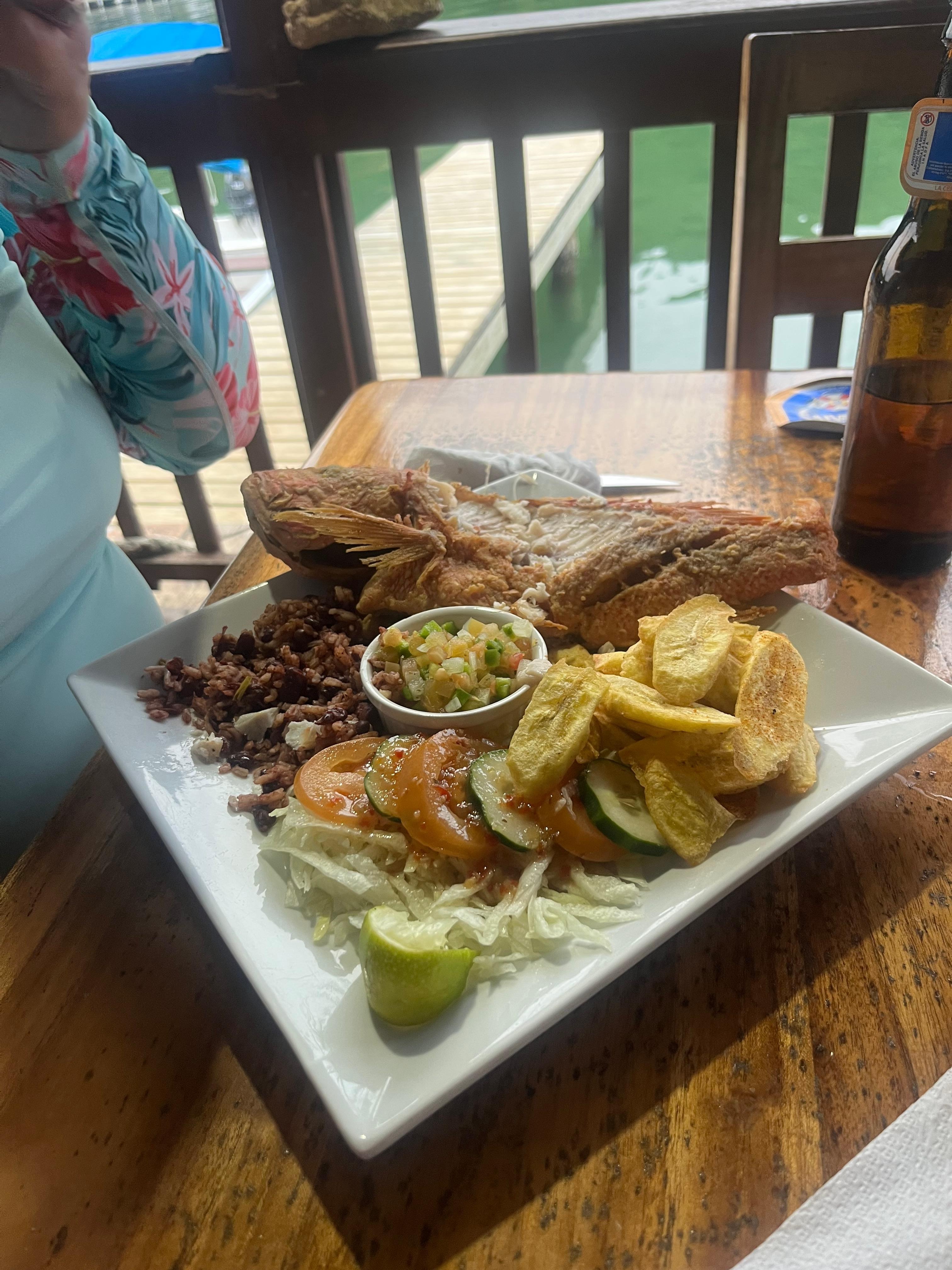 Whole grilled snapper dinner at “On the Rocks”