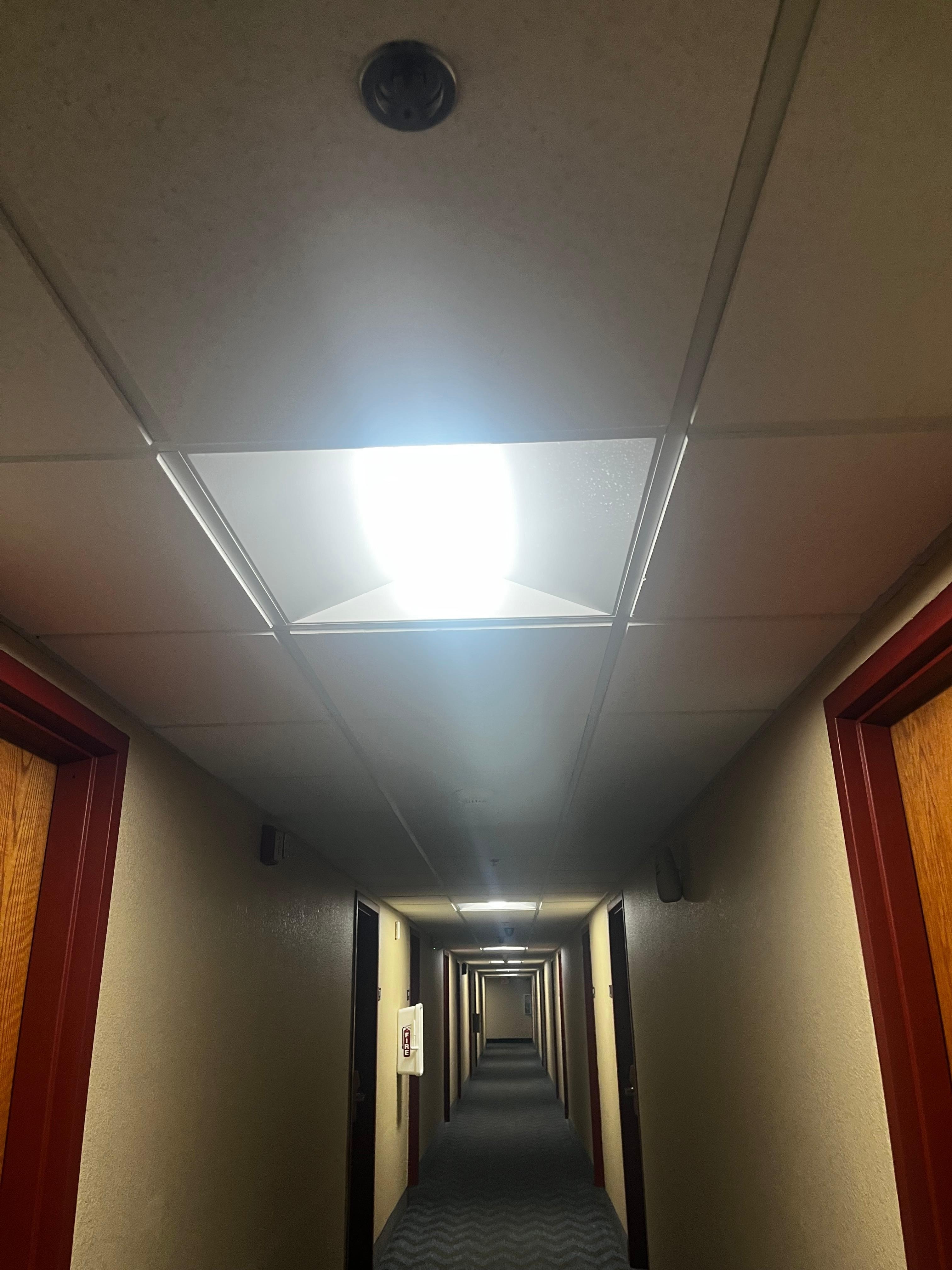 The hall smelled like marijuana. Here is a light fixture missing the covering part.