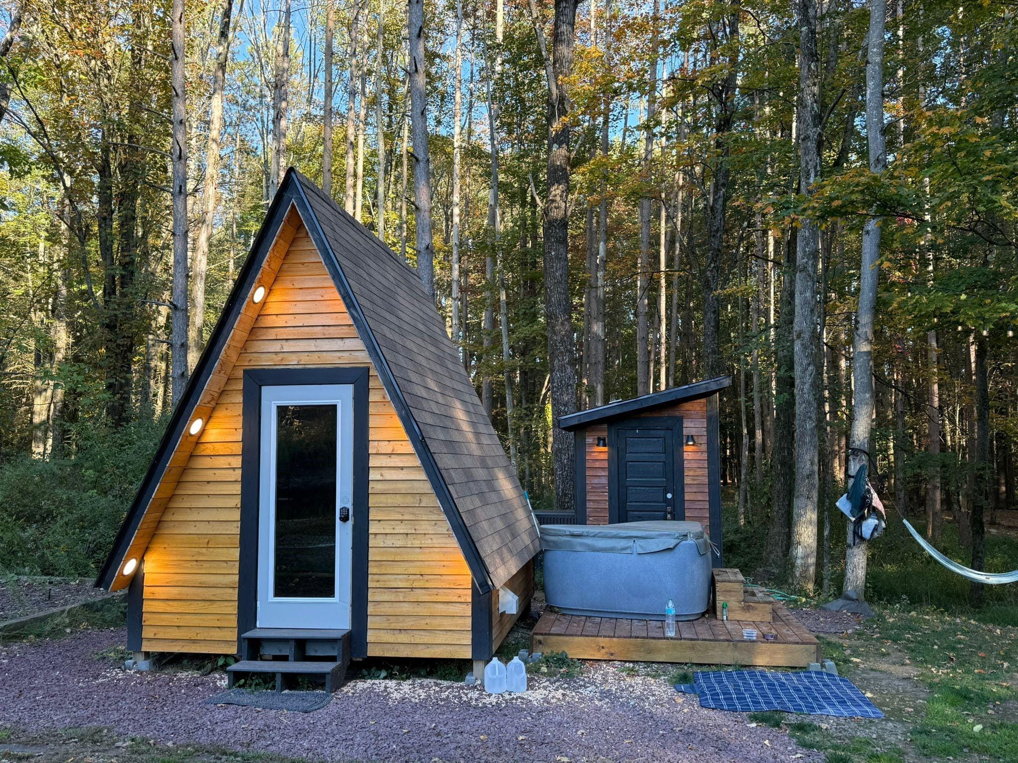 Cabin, hot tub and outhouse. The pictures don't do it justice. It's beautiful.