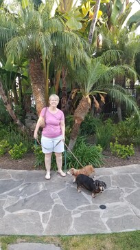 Mom with Mulo & Murphy by our hotel room. Fwlt like Hawaii. Beautiful plants and grounds