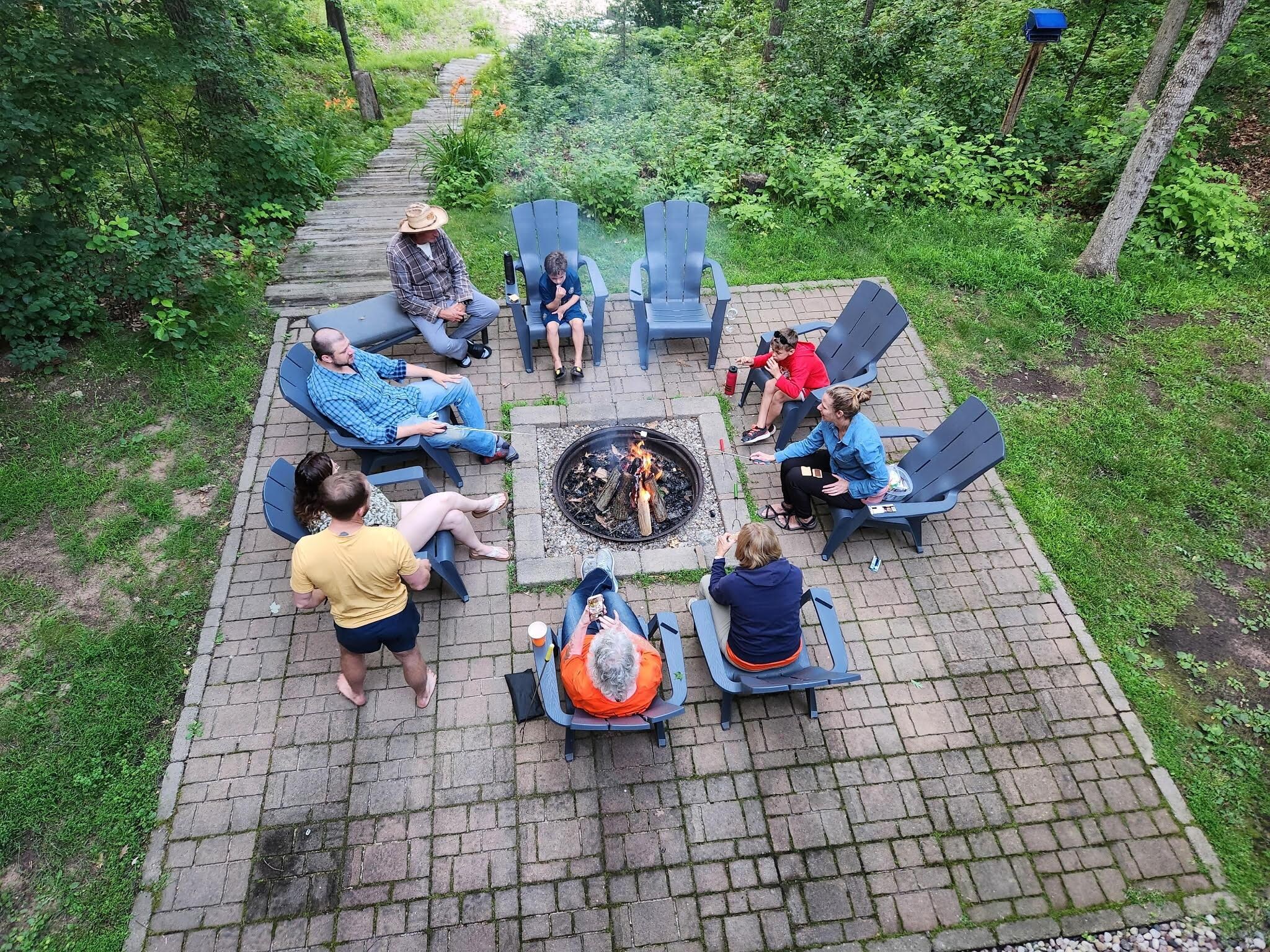 Looking down at the campfire ring from the deck