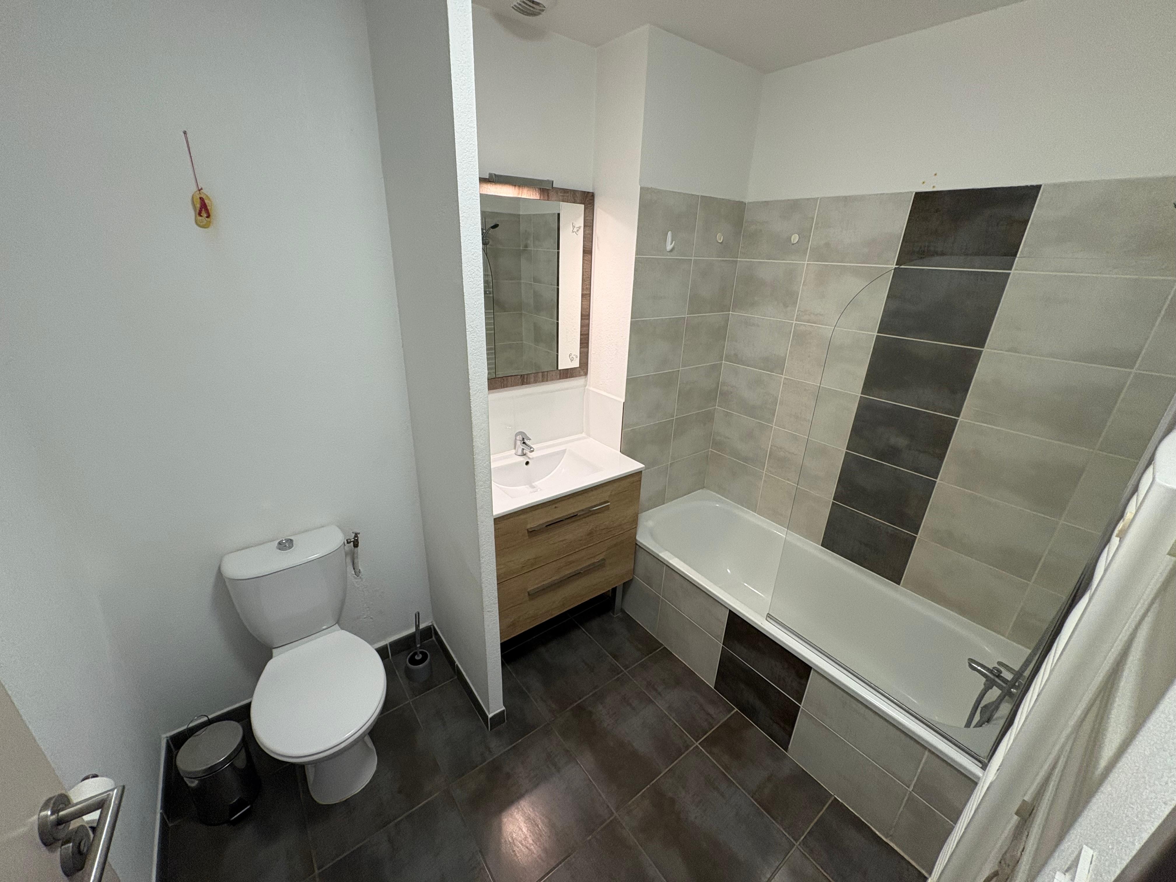 Salle de bain et wc avec meuble de rangement (sèche cheveux)