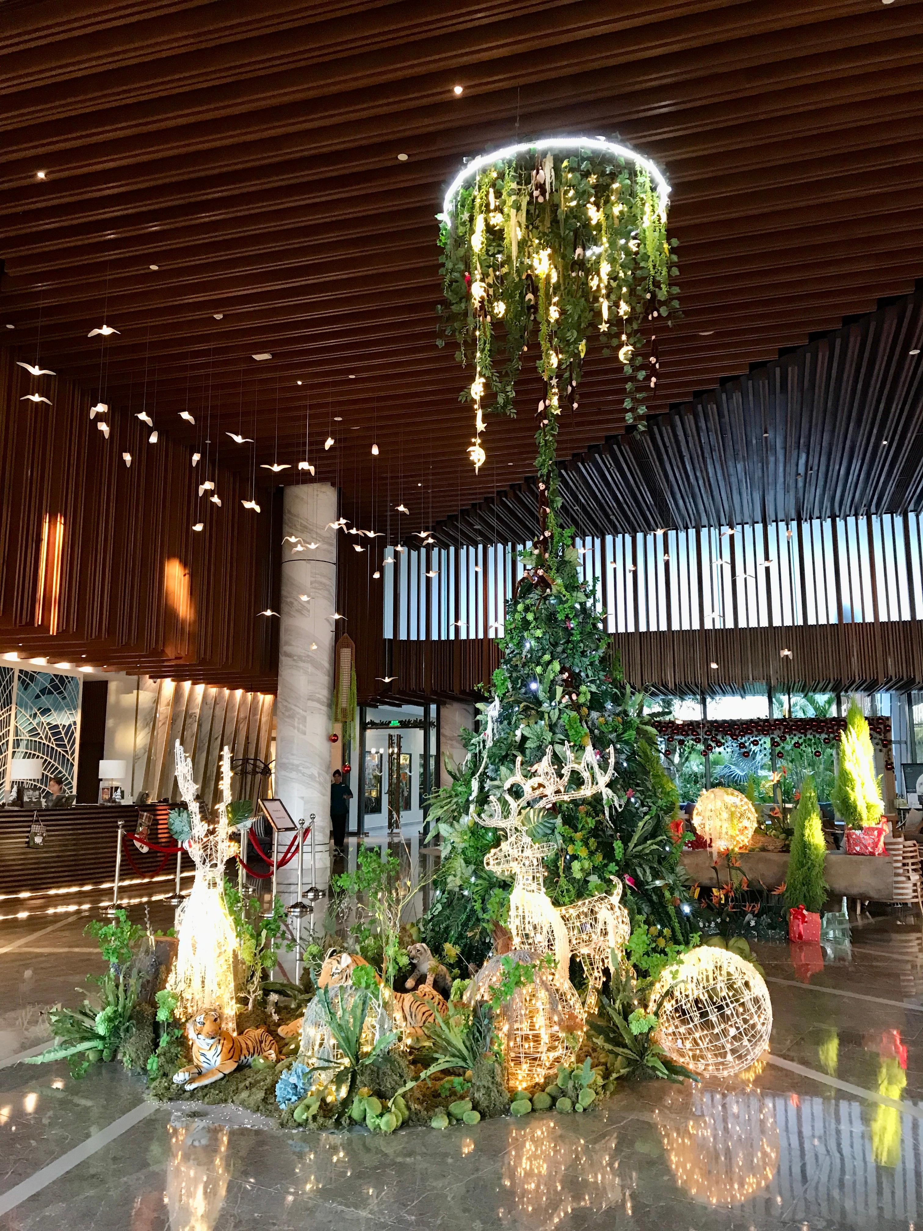 Hotel lobby with Christmas decorations.