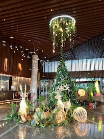 Hotel lobby with Christmas decorations.