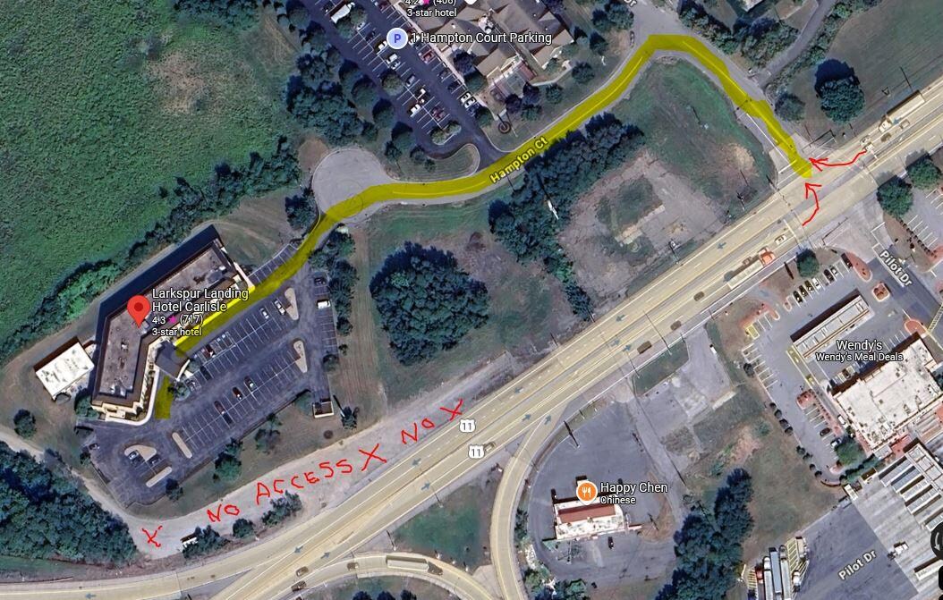 Use Sunday Drive from Rt. 11 (Harrisburg Pike) to get to the hotel. 