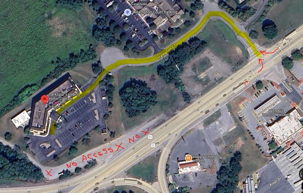 Use Sunday Drive from Rt. 11 (Harrisburg Pike) to get to the hotel.
