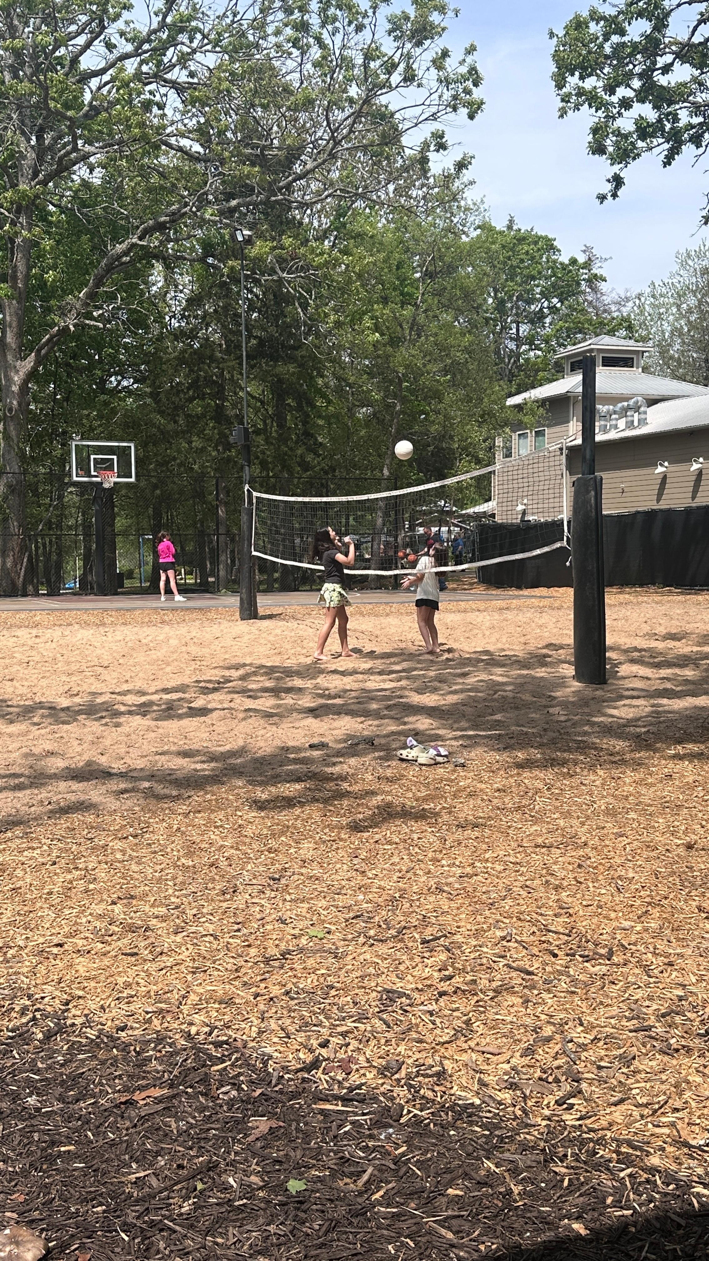 Volleyball courts with balls to play with already at the court. 