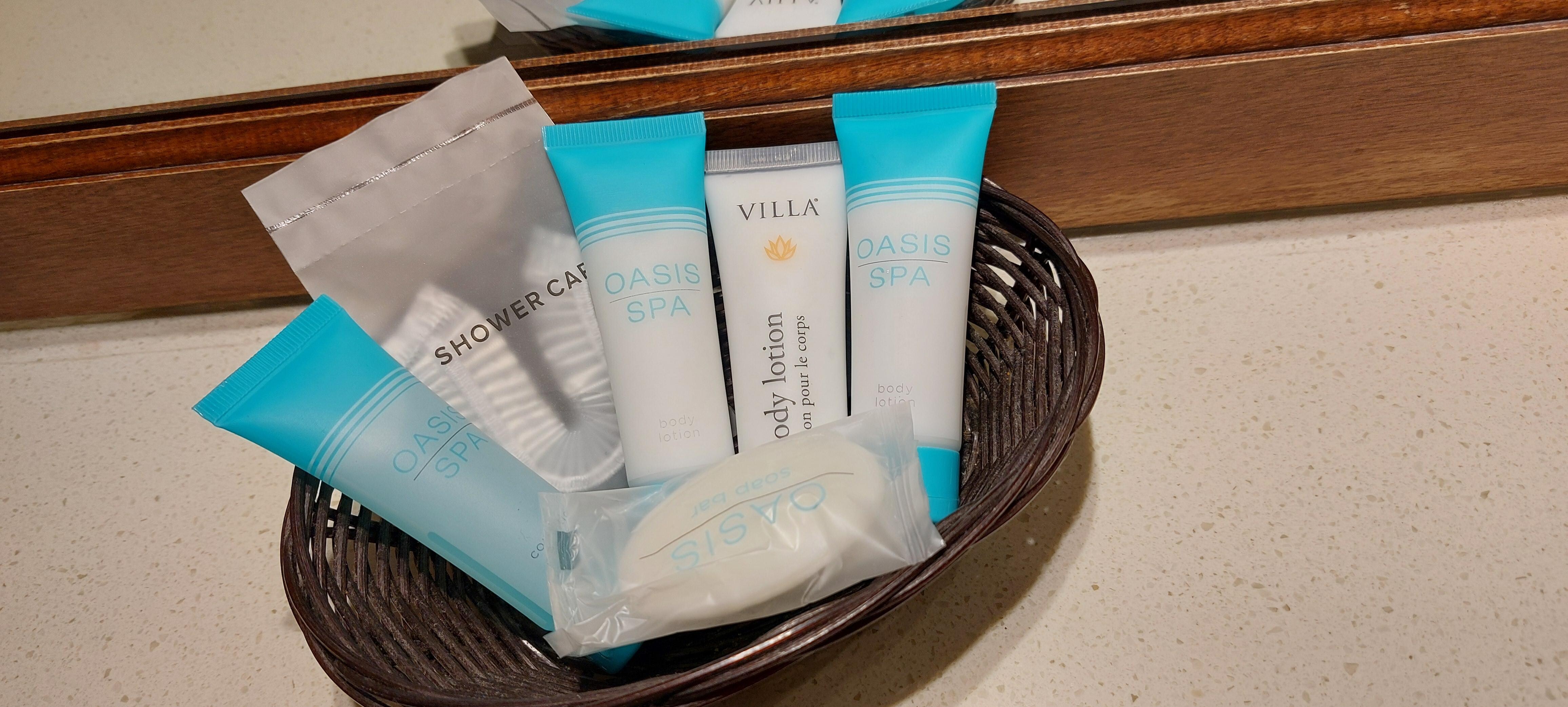 "amenitites" for a room with 2 queen beds. 1 tiny soap, 3 body lotions (one different) and one shampoo.
