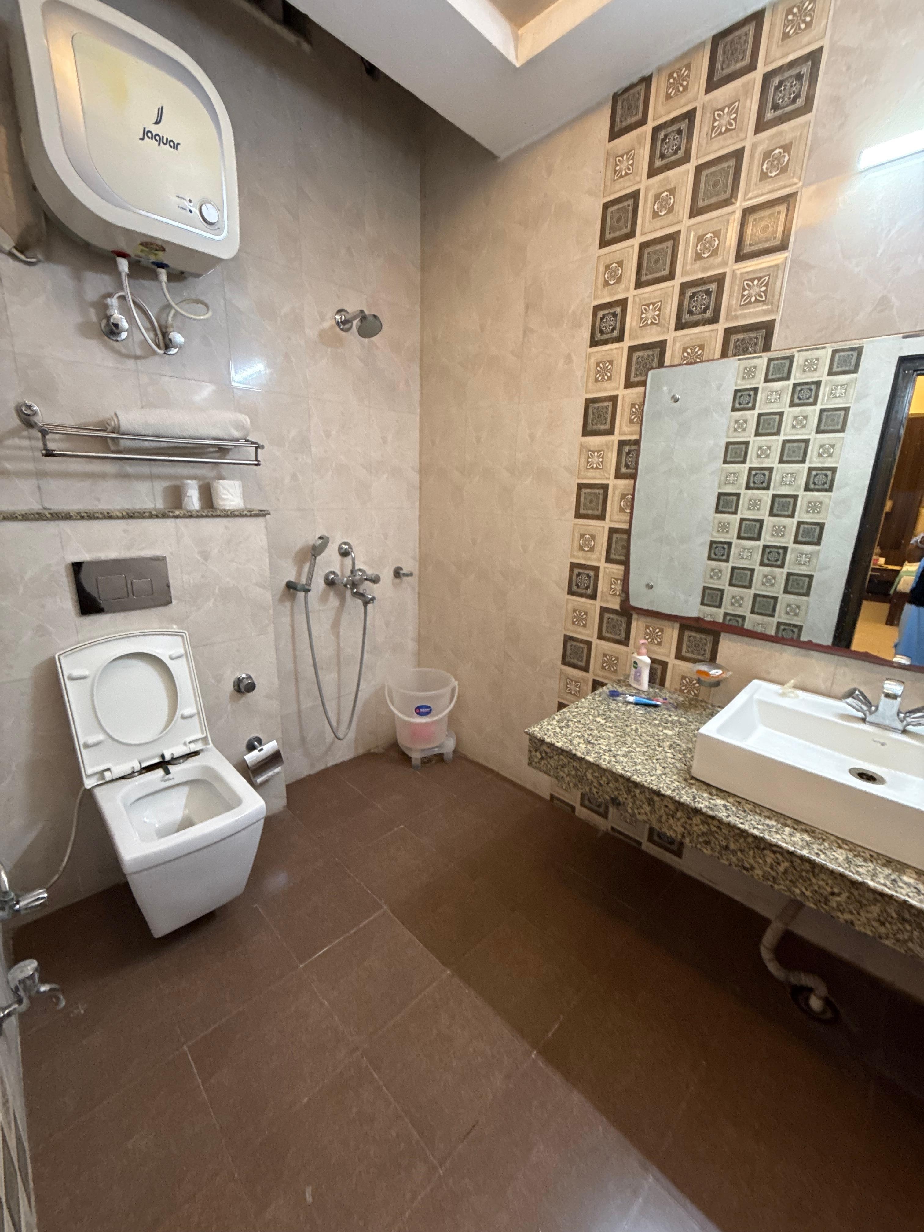 Water splashes all over, bathroom floor gets wet, dirty and smells bad.