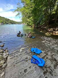 Swimming at boat dock