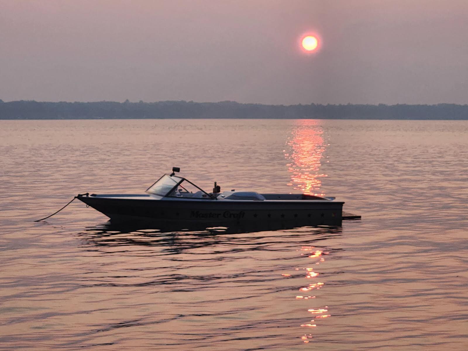 Our ski boat at sunset picture taken from the dock. 