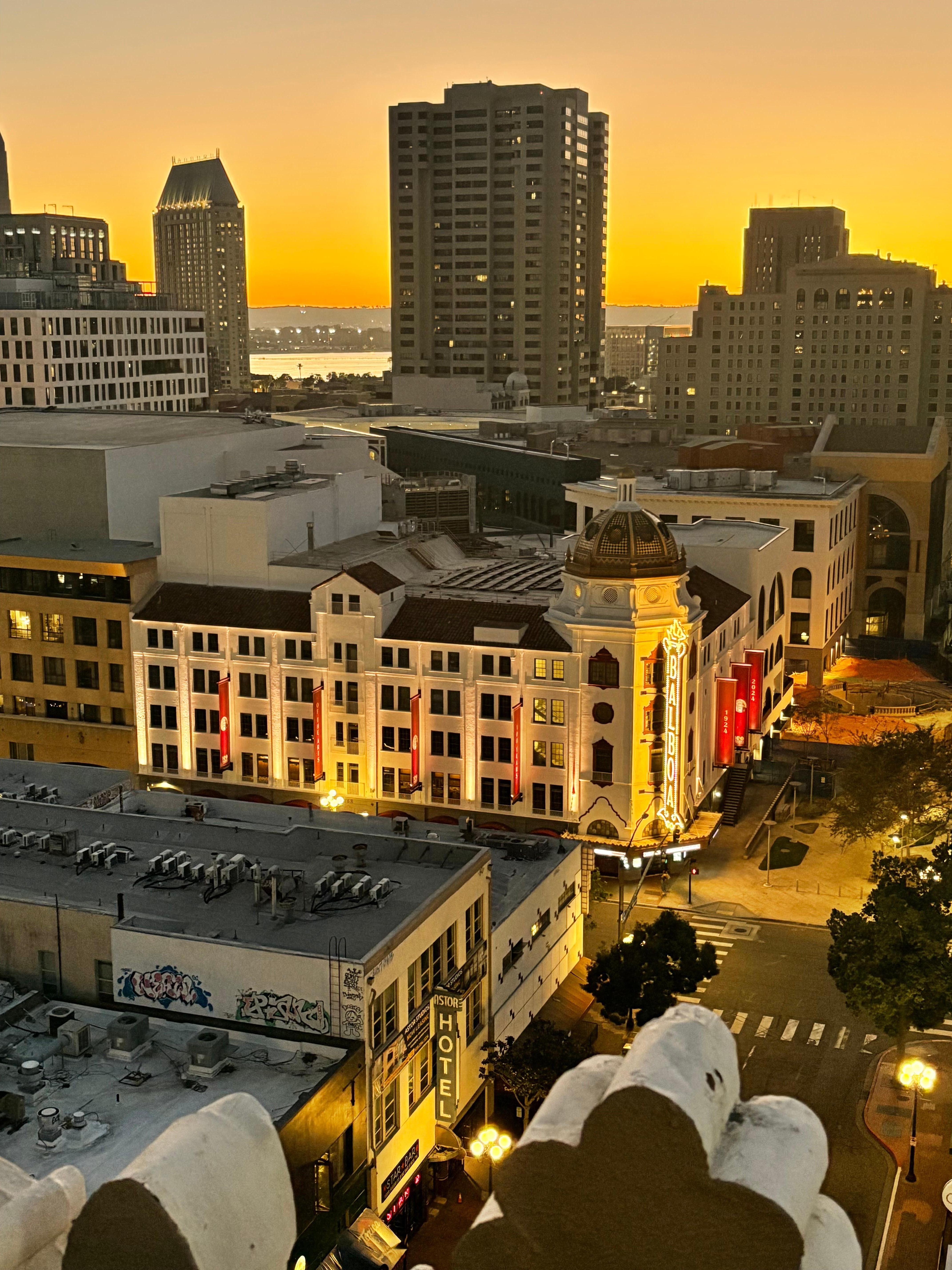 View of Balboa Theatre from rooftop at sunset.