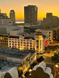 View of Balboa Theatre from rooftop at sunset.