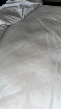 Stained sheets with dirt in the bed