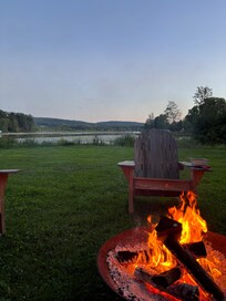 The fire pit area at dusk.