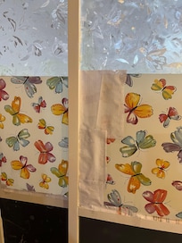 Baggage tape used to seal the washroom door