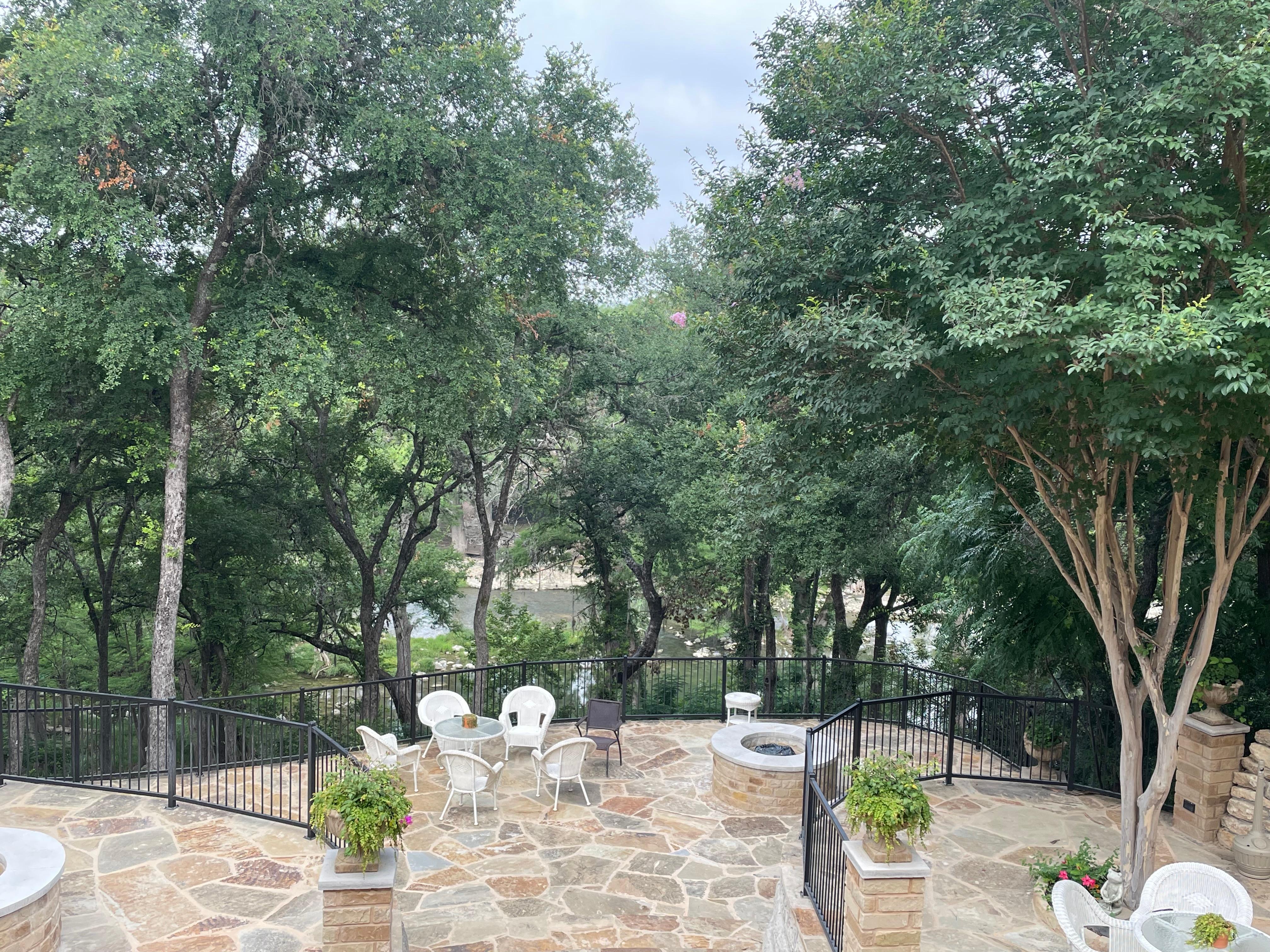 Patios with river in background