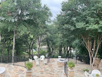 Patios with river in background