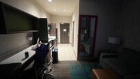 To left kitchen with dishes, full size refrigerator, microwave, sink and dishwasher