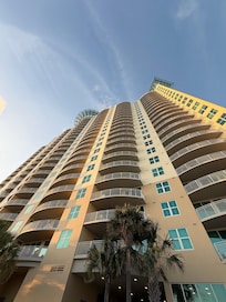View from the pool below the building