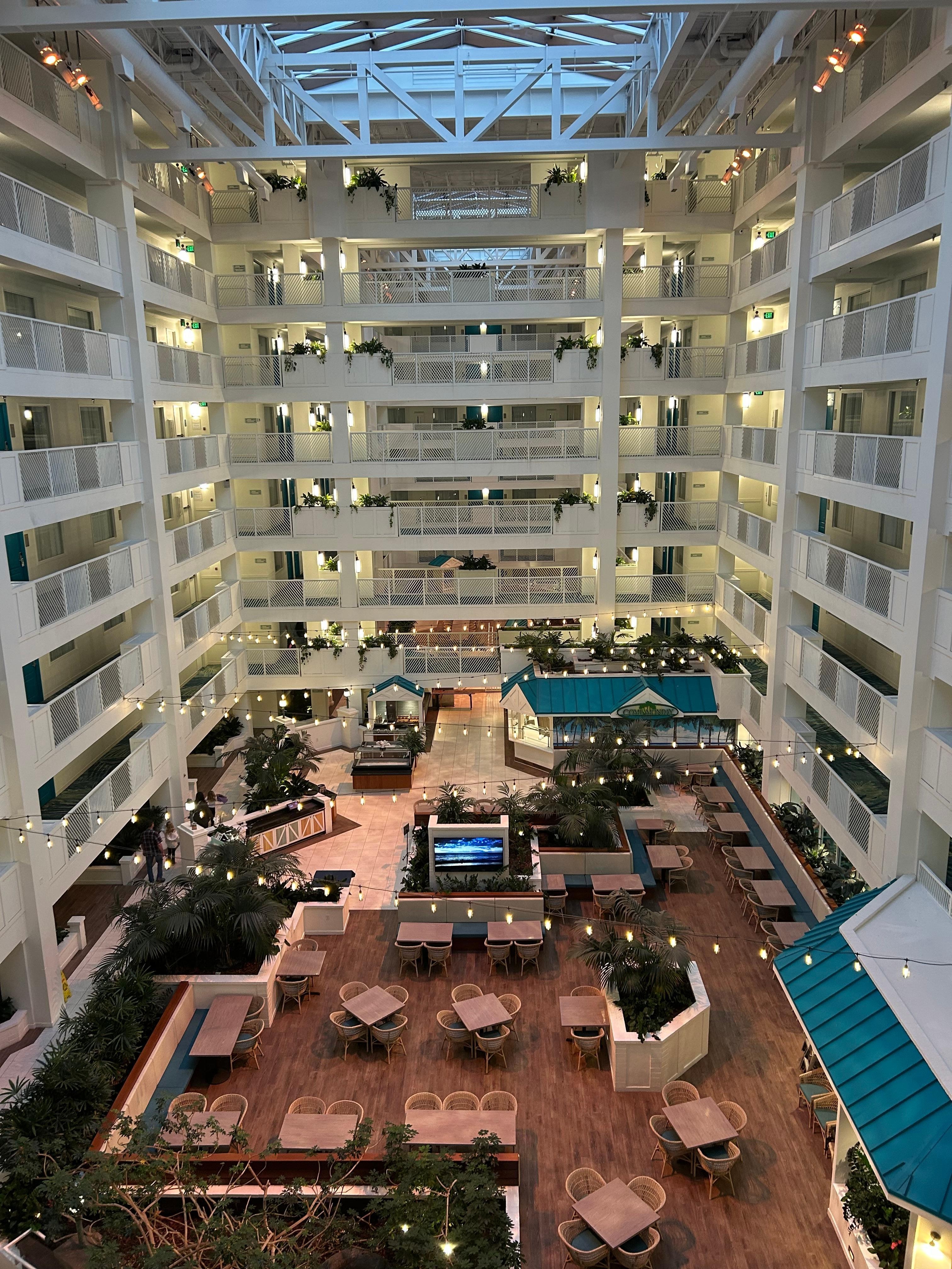 Looking down at where the breakfast buffet takes place. 