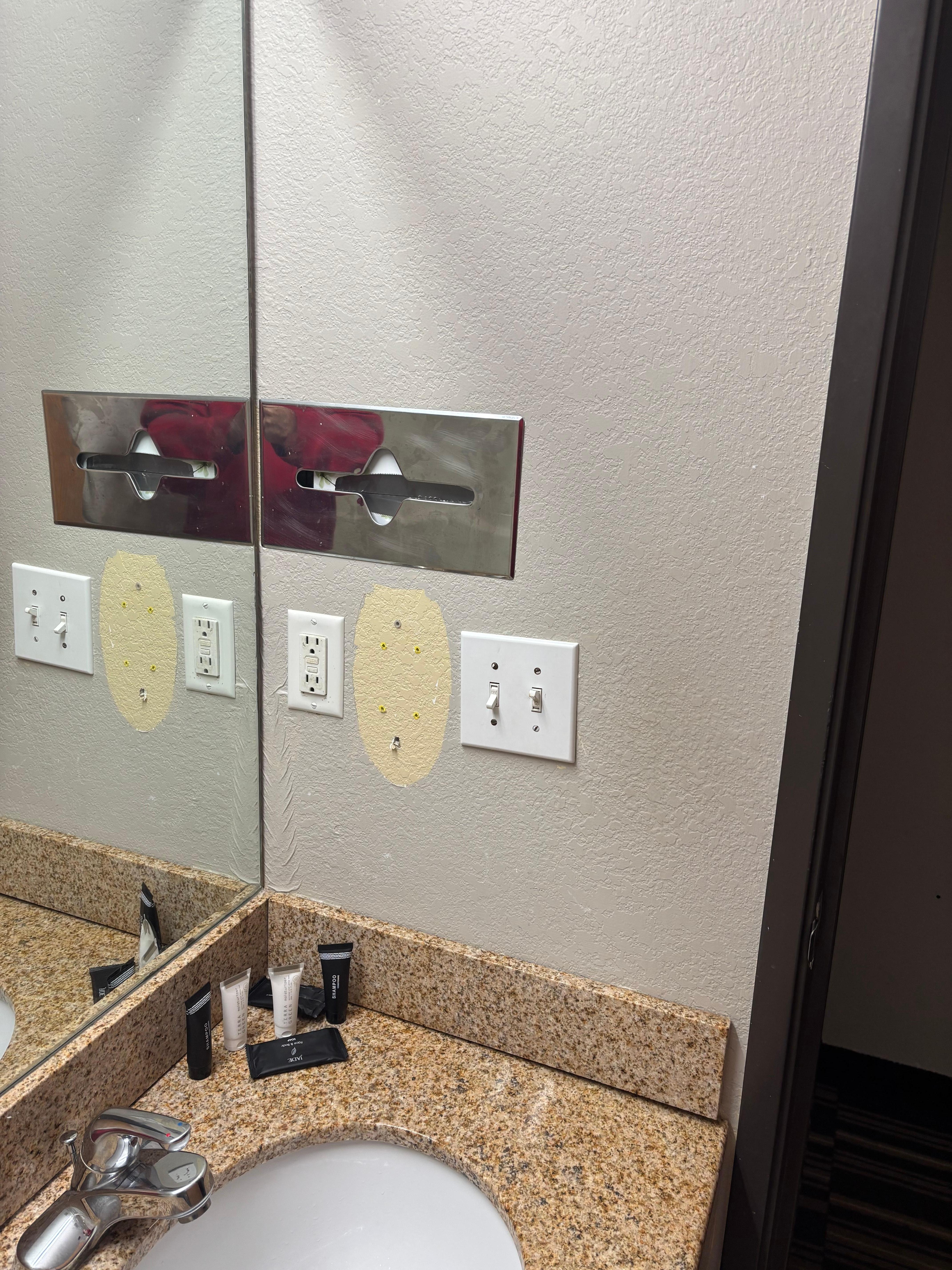 Hair dryer ripped off wall, no tissues.