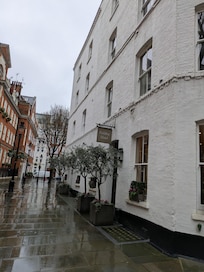 The outside on a quiet pedestrian street