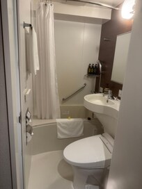 Clean and compact bathroom with a surprise friend to welcome you!
