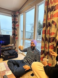 Having a nice cup of tea whilst snowing outside.