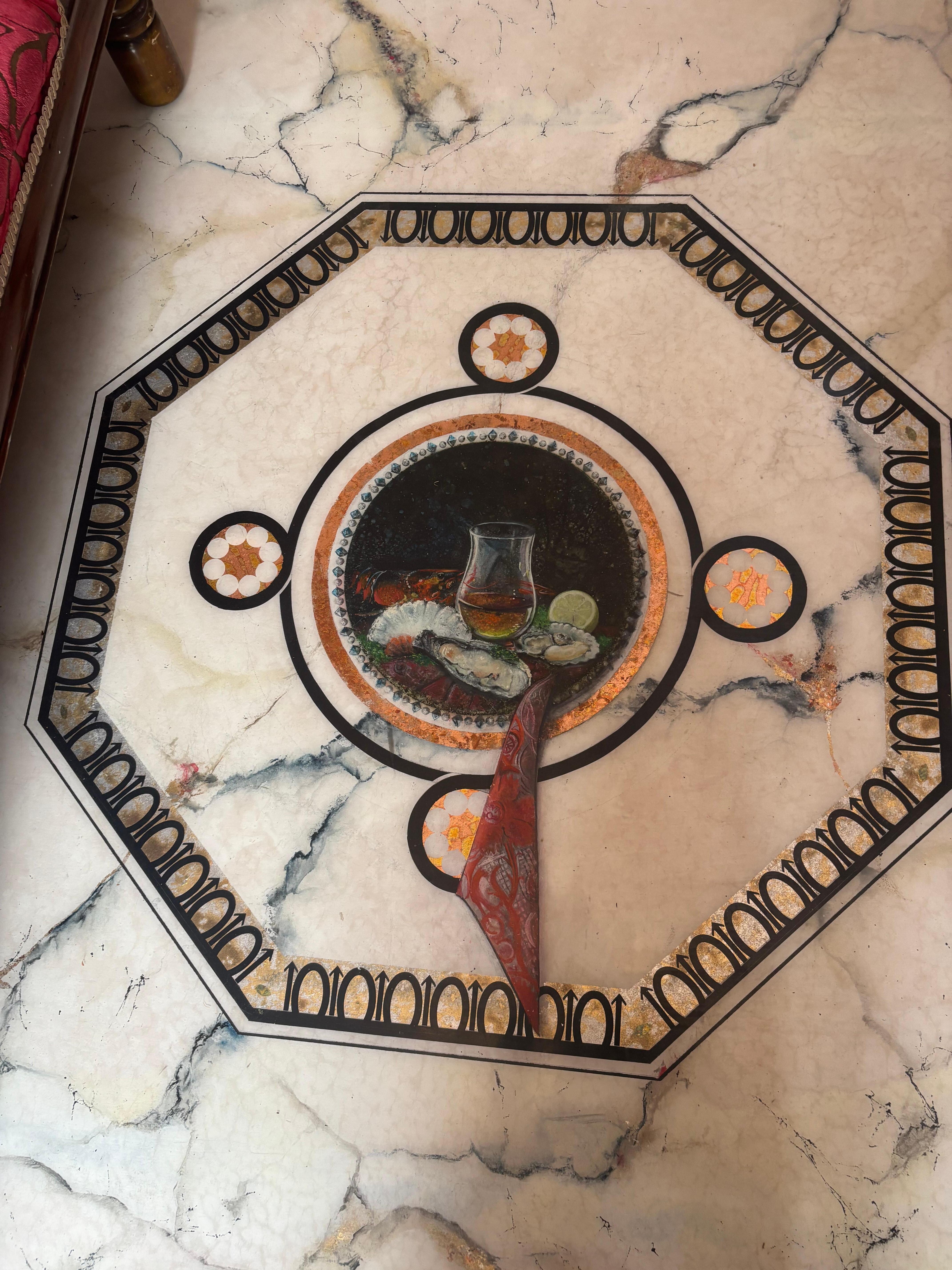 Entrance tile with inlaid Dram