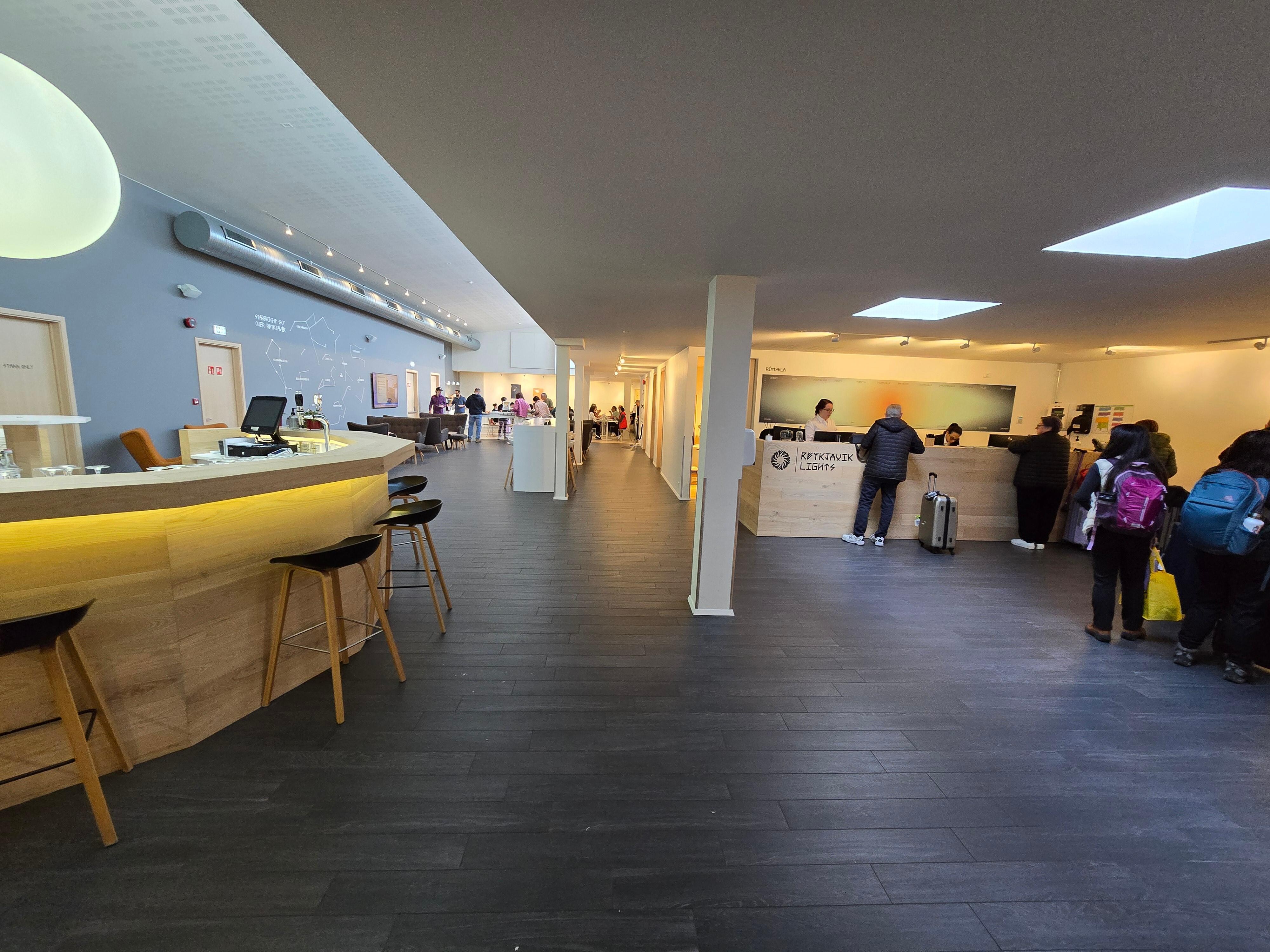 Lobby and bar. The area past the bar is a seating area and past that is where breakfast is served. 