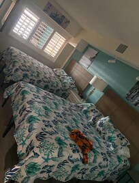 The bedroom with shutters opening into the living room.