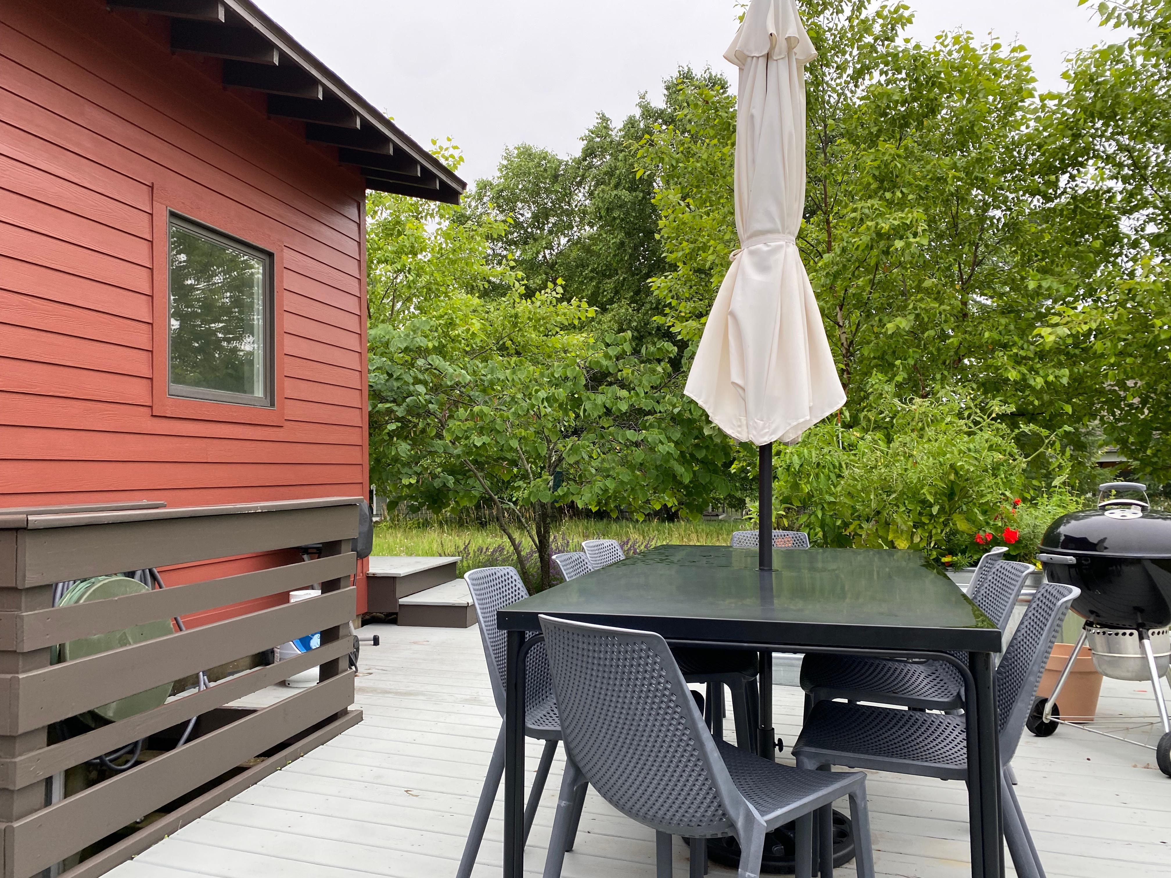 The rear patio with garden views.