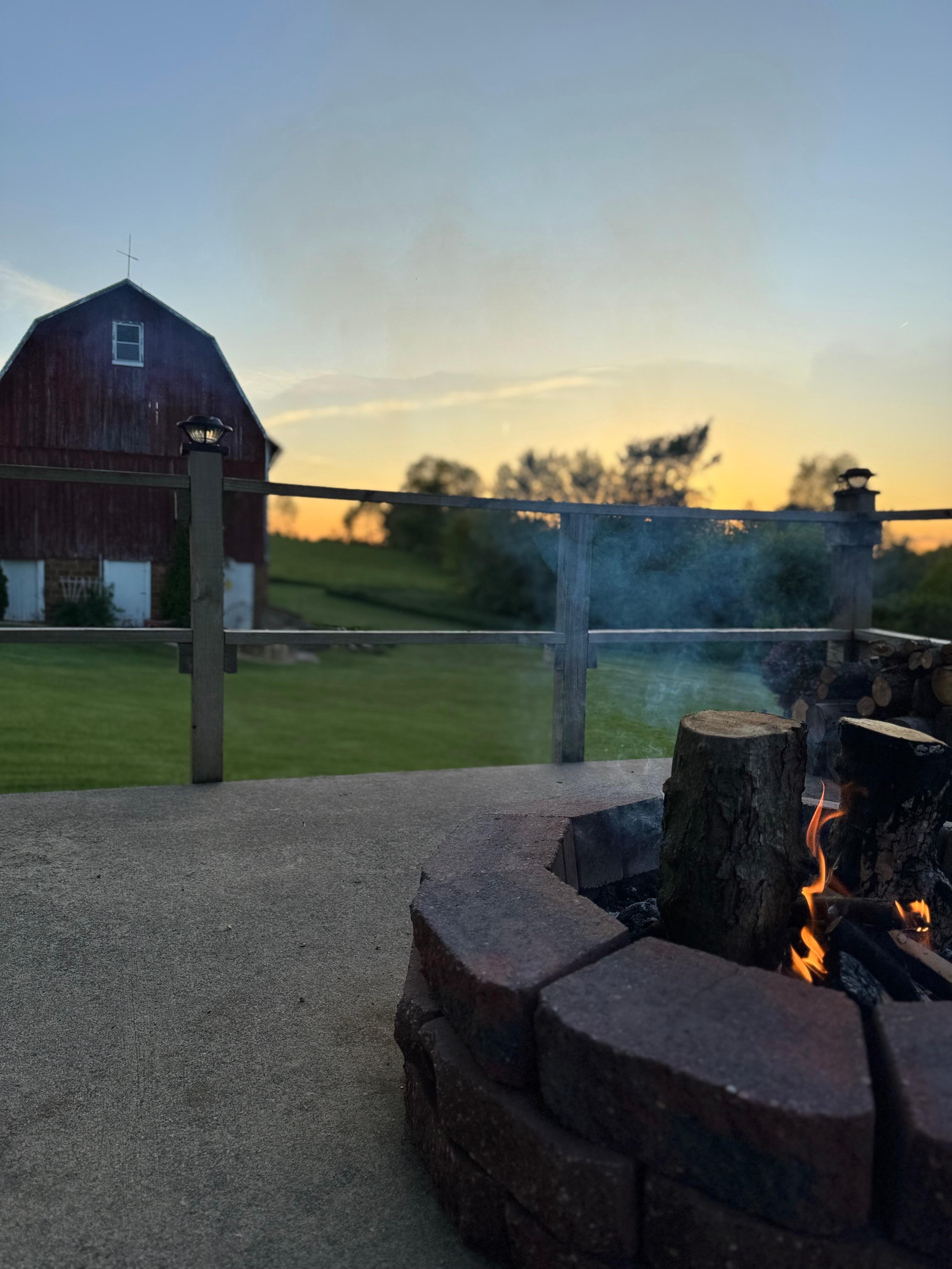 Bonfire and a view of the barn. 