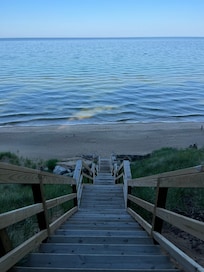 Early morning view from top of stairs.