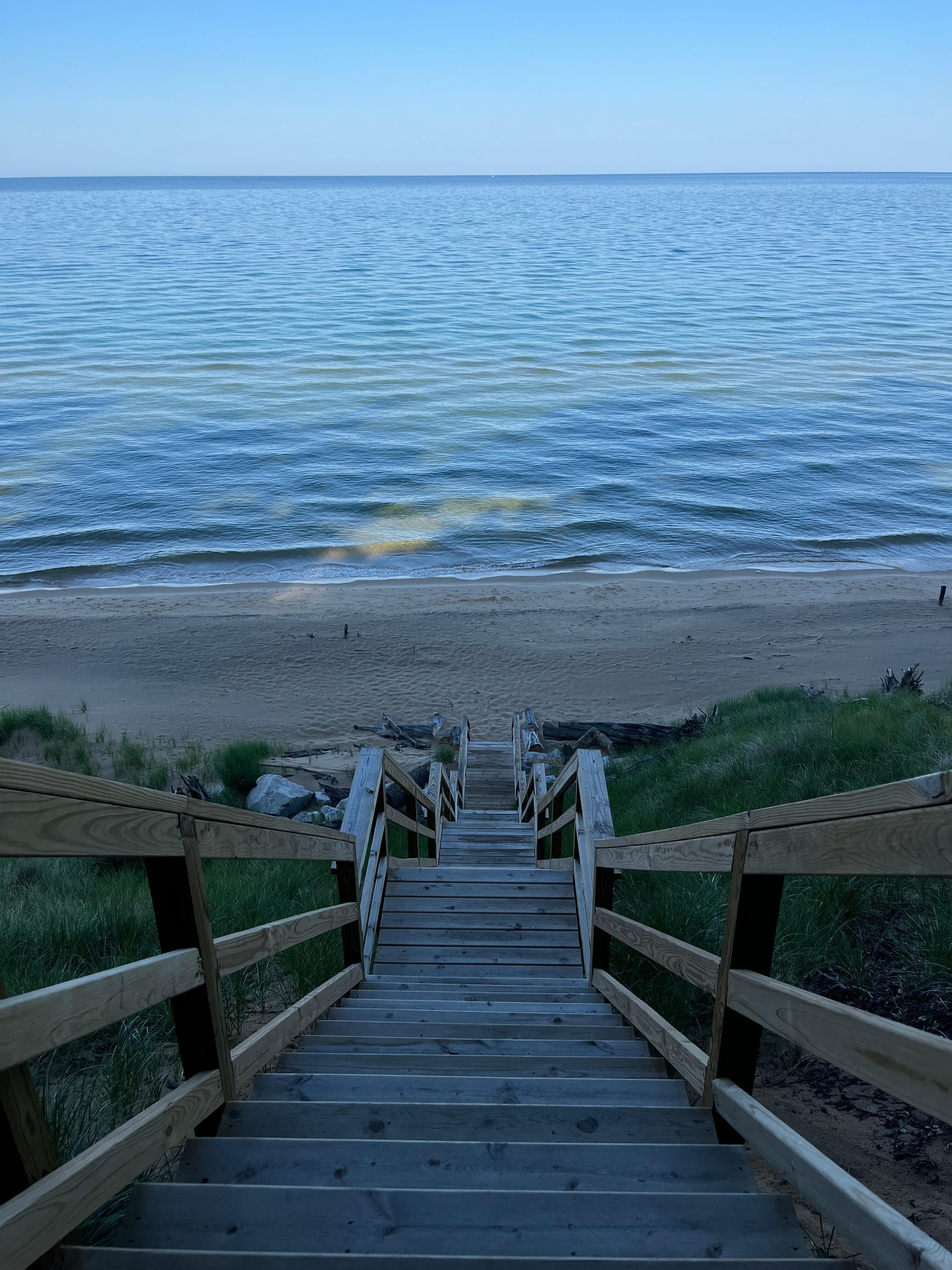 Early morning view from top of stairs.