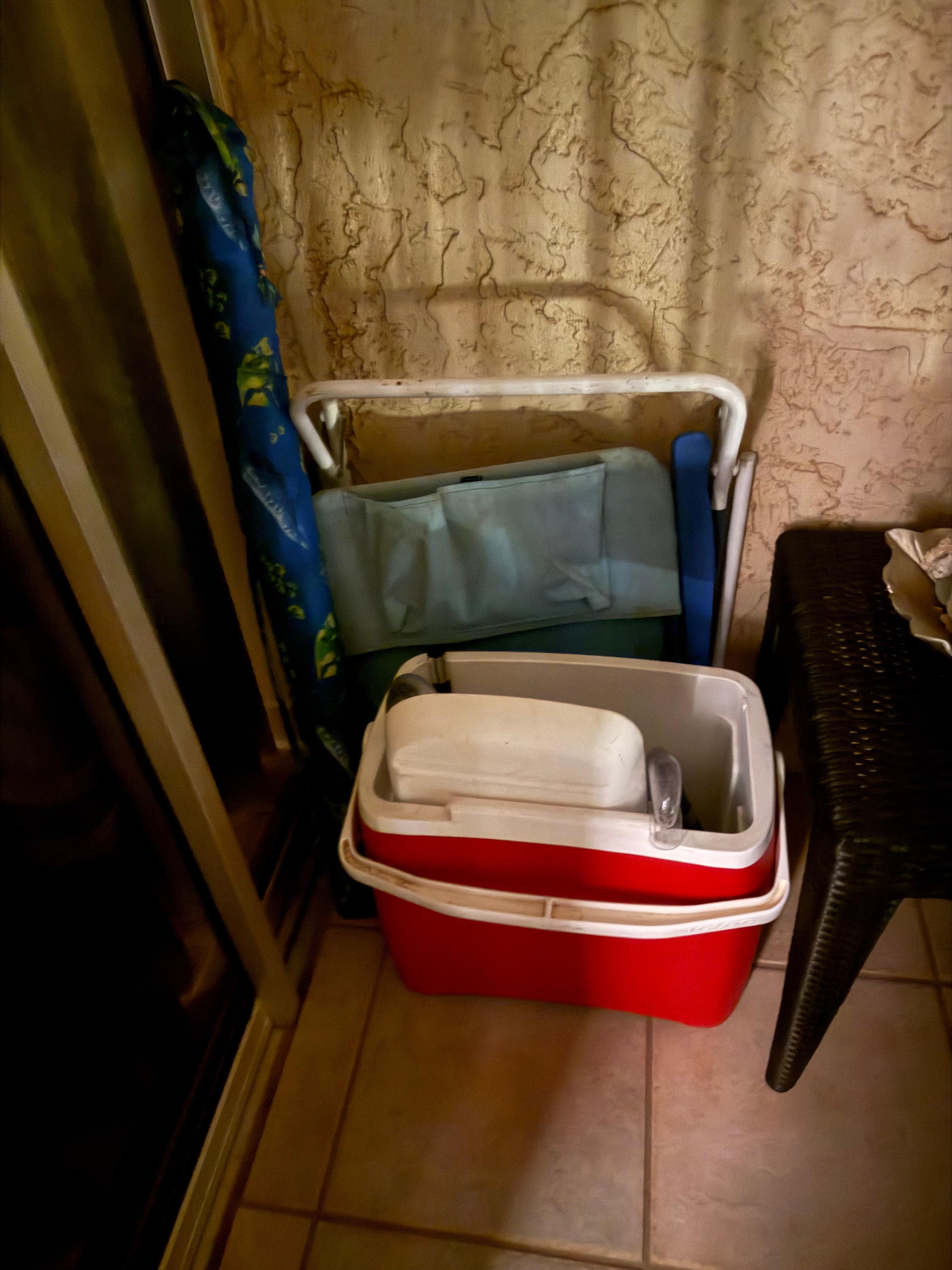 One broken beach chair and broken umbrella left.  We purchased two brand new beach chairs and towels and left for next guest.  