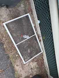 The screen was found in the driveway when we arrived, and there was an old plastic sword on the ground as well