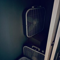 Fans in closet because air conditioning did not work. Didn’t use as dirty. Lucky it was in the 60’s-70’s for our stay.